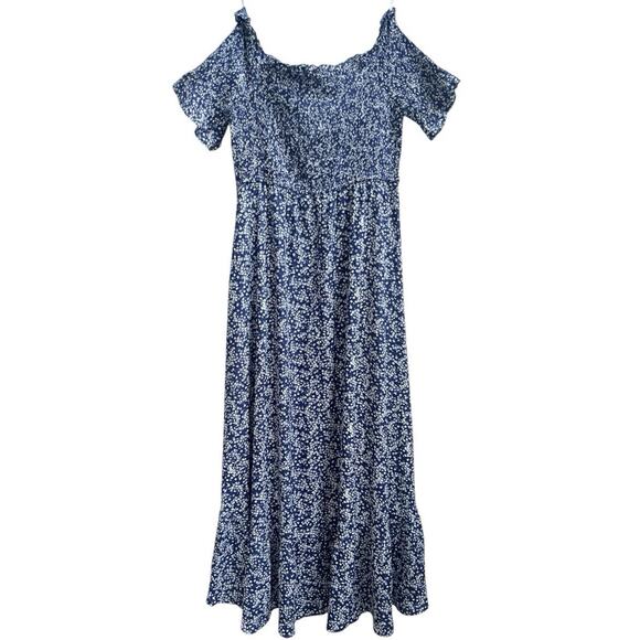 LULUS Fleur-Tation Blue Floral Off Shoulder Midi Hi Lo Dress XL Smocked Cottage - Picture 3 of 7